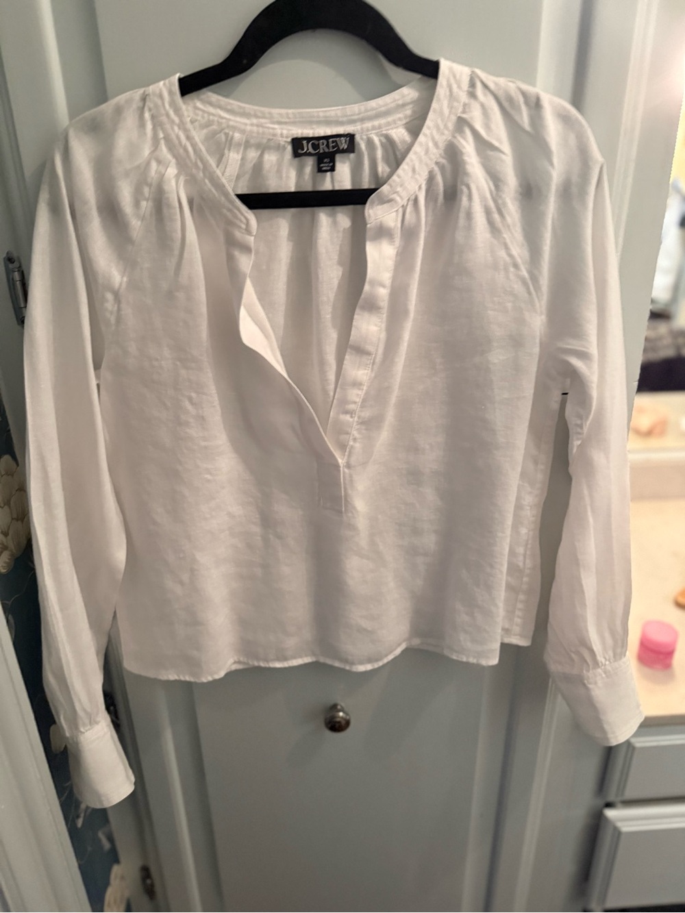 J. Crew White linen  Split V-Neck Gathered Long-Sleeve Blouse